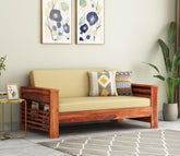 ONIJA  Wooden 2 Seater Sofa for Livingroom & Office - Handcrafed Sheesham Wood Sofa for Home with Side Storage - Cream Cushion Couch - HONEY FINISH